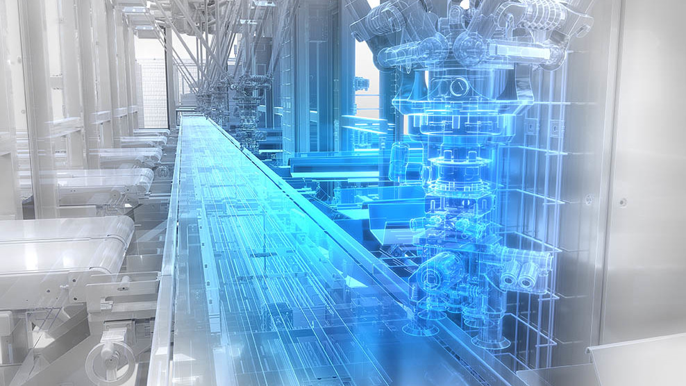 Stilisierte 3D-Ansicht einer Maschine mit blau leuchtendem Kern.
